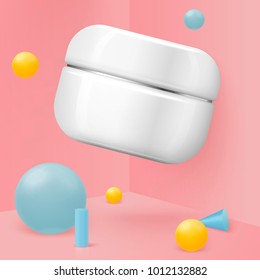 Vector 3d realistic corner wall abstract scene with geometric shapes, and cosmetics jar for product presentations. Pink, blue and yellow soft pastel colors.