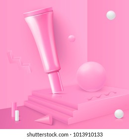 Vector 3d realistic corner wall abstract scene with podium and cosmetics tube, pink and white balls.
