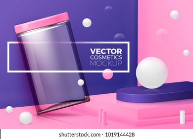 Vector 3d realistic corner wall abstract scene with text and border, podium and glass jar, pink, white and violet balls and objects.