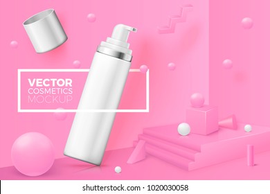 Vector 3d realistic corner wall abstract scene with podium and mousse bottle with cap, pink and white balls. With place for your text.

