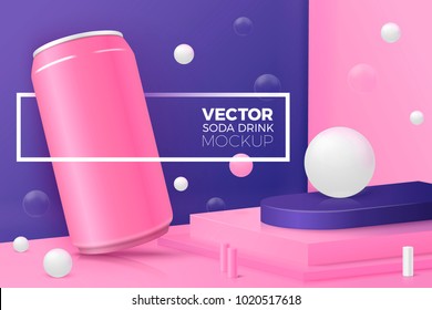 Vector 3d realistic corner wall abstract scene with text and border, podium and soda can, pink, white and violet balls and objects.