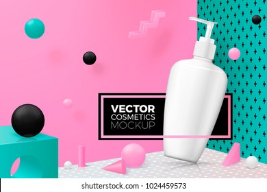 Vector 3d realistic corner wall abstract memphis style scene with text and border, podium and dispenser bottle, geometric shapes, pink, green, black and white colors.