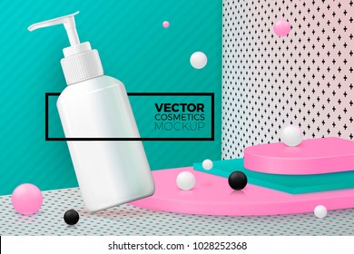 Vector 3d realistic corner wall abstract memphis style scene with text and border, podium and dispenser cosmetics bottle, geometric shapes, pink, green, black and white colors.