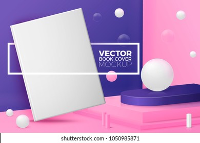 Vector 3d realistic corner wall abstract scene with text and border, podium and hardcover book, pink, white and violet balls and objects.