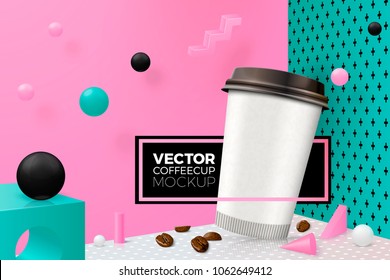 Vector 3d cena abstrata de parede de canto realista com texto e borda, pódio e xícara de café, bolas e objetos rosa, branco, preto e verde.