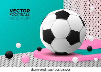 Vector 3d realista parede canto cena abstrata com texto, pódio e bola de futebol, rosa, branco, preto e verde bolas e objetos.