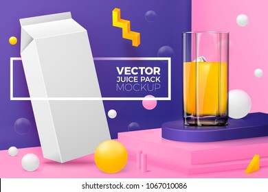 Vector 3d realistic corner wall abstract scene with juice box, glass, text and border, podium, pink, white and violet balls and objects.