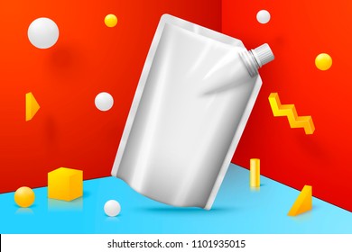 Vector 3d realistic corner wall abstract scene with foil sachet, text and border, podium, red, white and yellow balls and objects.