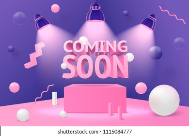 Vector 3d realistic corner wall abstract scene - coming soon spotlights on podium and pink, white and violet balls and objects.