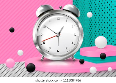 Vector 3d realistic corner wall abstract scene with text, podium and old fashioned clockwork watches ball, pink, white, black and green balls and objects.