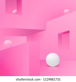 Vector 3d realistic corner wall abstract scene with podium and  balls, for product presentations.