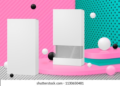 Vector 3d realistic corner wall abstract scene with paper boxes, podium, pink, white, black and green balls and objects.