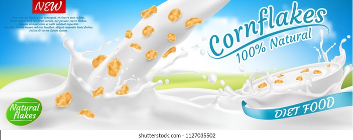 Vector 3d realistic cornflakes in milk, package design. Diet healthy food, nutrition in white bowl with splashing drops. Mock up of farm product, morning breakfast for advertising poster, promo banner