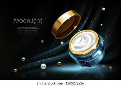 Vector 3d Realistic Cosmetic Advertising Mock Up - Night Cream In Jar, Luxury Cosmetics.Moisturizing Essence With Pearl In Branded Blue Glass Container, Golden Cap. Skincare Product On Dark Background