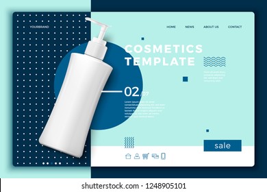 Vector 3d realistic cosmetic bottle on modern site template with typographic background. Mock-up for product package branding.