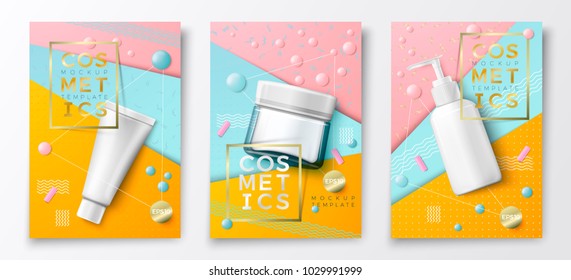 Vector 3d realistic cosmetic bottles poster templates, tube, jar and bottle on bright modern background with geometric shapes. Mock-up for product package branding.