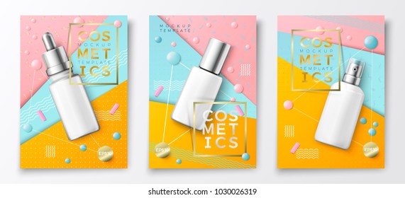 Vector 3d realistische Kosmetikflaschen Plakatvorlagen, Tropfen, Flasche und Spray auf hellmodernem Hintergrund mit geometrischen Formen. Wählen Sie die Produktmarkierung aus.
