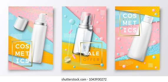 Vector 3d realistic cosmetic bottles advertisement poster templates,on bright modern background with geometric shapes. Mock-up for product package branding. Mousse, spray and shampoo bottles.