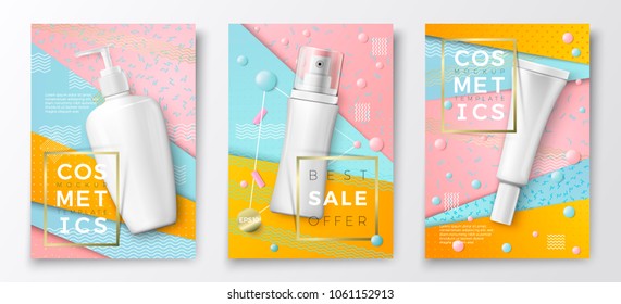 Vector 3d realistic cosmetic bottles poster templates, pump bottle, tube and spray bottle on bright modern background with geometric shapes. Mock-up for product package branding.