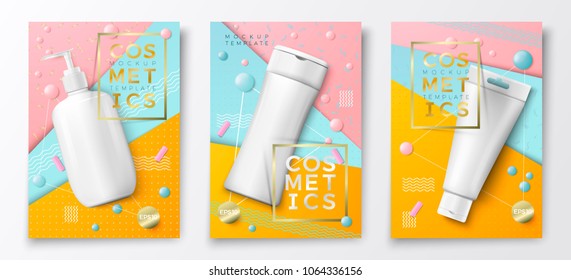 Vector 3d realistic cosmetic bottles poster templates, pump bottle, tube and shampoo on bright modern background with geometric shapes. Mock-up for product package branding.