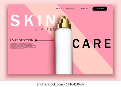 Vector 3d realistic cosmetic bottles on pink site template with typographic background. Mock-up for product package branding. web page design