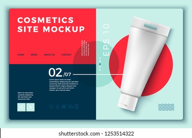 Vector 3d realistic cosmetic cream tube on bright modern site template with typographic background. Mock-up for product package branding.