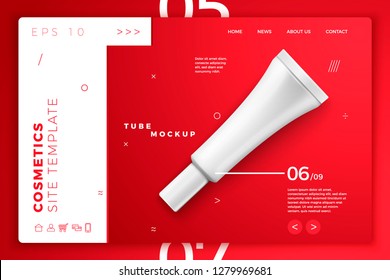 Vector 3d realistic cosmetic cream tube on bright red modern site template with typographic background. Mock-up for product package branding.