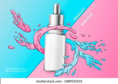 Vector 3d realistic cosmetic dropper bottle on bright modern paper background with doodle splashes. Mock-up for product package branding.