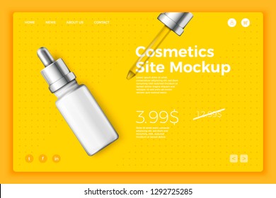 Vector 3d realistic cosmetic dropper on modern site template with typographic background. Mock-up for product package branding.
