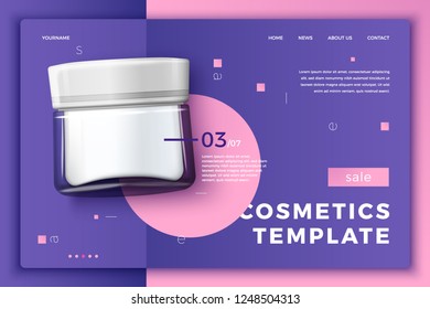 Vector 3d realistic cosmetic glass jar on bright modern site template with typographic background. Mock-up for product package branding.