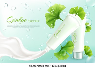 Vector 3d realistic cosmetic illustration with ginkgo biloba, green leaves. Skincare, moisturizing cream in tube, natural cosmetics. Mockup with package, plant and splashes isolated on background.