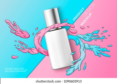 Vector 3d realistic cosmetic nail polish bottle on bright modern paper background with doodle splashes. Mock-up for product package branding.