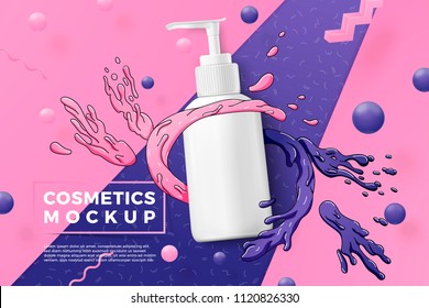 Vector 3d realistic cosmetic pump bottle on bright violet and pink modern paper background with doodle splashes. Mock-up for product package branding.