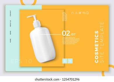 Vector 3d Realistic Cosmetic Pump Bottle On Modern Site Template With Typographic Background. Mock-up For Product Package Branding.