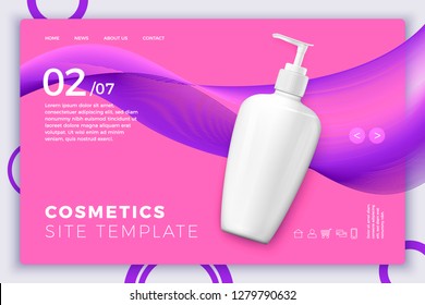Vector 3d realistic cosmetic pump bottle on modern site template with typographic background. Mock-up for product package branding.