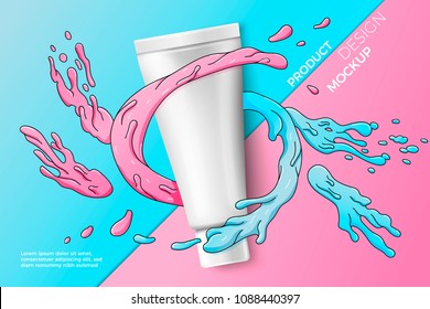 Vector 3d realistic cosmetic spray tube on bright modern paper background with doodle splashes. Mock-up for product package branding.