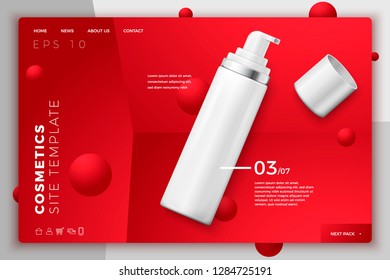 Vector 3d realistic cosmetic spray bottle on bright red modern site template with typographic background. Mock-up for product package branding.