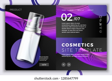 Vector 3d realistic cosmetic spray bottle on modern site template with typographic background. Mock-up for product package branding.
