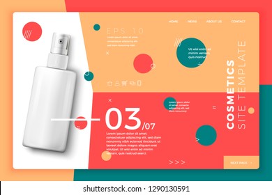 Vector 3d realistic cosmetic spray bottle on bright modern site template with typographic background. Mock-up landing page for product package branding.