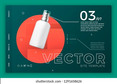 Vector 3d realistic cosmetic spray bottle on bright modern site template with typographic background. Mock-up landing page for product package branding.