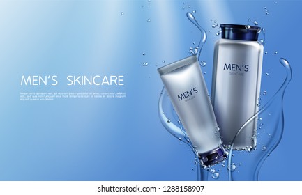 Vector 3d realistic cosmetics for men in blue water splashing. Ad poster, promo banner with silver gray jar with lotion, tube with cream.Mockup with moisturizer, skincare. Bottle with shaving liquid