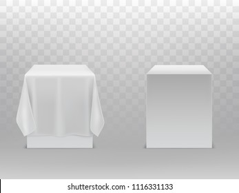 Vector 3d realistic cubes with shadows isolated on background. Mock up, template of box, package container under white silk fabric. Front view of solid podium, stand or block with satin textile.