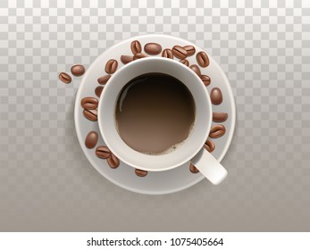 Vector 3d realistic cup of coffee on the saucer with beans isolated on translucent background. Top view of Arabica drink, espresso, cappuccino, latte. Mock up, template for ad poster, banner