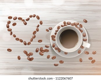 Vector 3d realistic cup of coffee on the saucer isolated on wooden table. Beans in love shape. Top view of arabica drink, cappuccino or latte. Mock up, template for ad poster, banner
