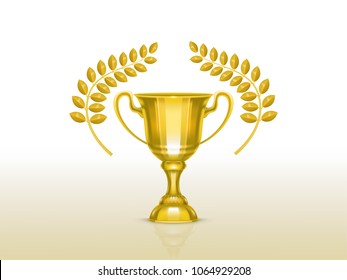 Vector 3d realistic cup with olive, laurel branches, golden trophy for winner of competition, championship. Shiny gold metal goblet. Reward, prize isolated on white background. Achievement design