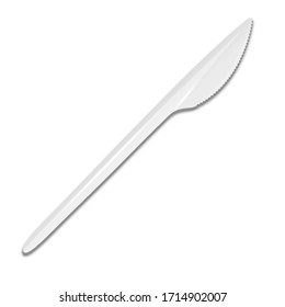 Vector 3d Realistic Cutlery - White Plastic Disposable Knife Icon Isolated on White Background. Top View. Design template, Mock up for Graphics, Branding Identity, Printing