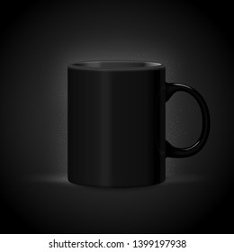 Vector 3d realistic dark mug isolated on black background. Luxury mock-up for product package branding.