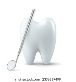 Vector 3d Realistic Dental Inspection Mirror for Teeth with Tooth Icon Closeup Isolated on White Background. Medical Dentist Tool. Design Template, Clipart. Dental Health Concept