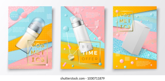 Vector 3d realistic deodorant bottles and box poster templates,on bright modern background with geometric shapes. Mock-up for product package branding.