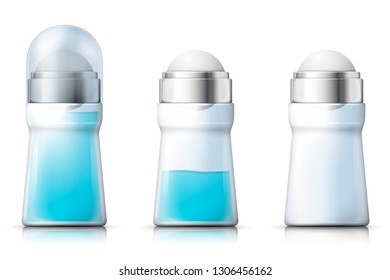 Vector 3d realistic deodorant bottles with liquid gel inside, isolated on white background. Mock-up for product package branding.
